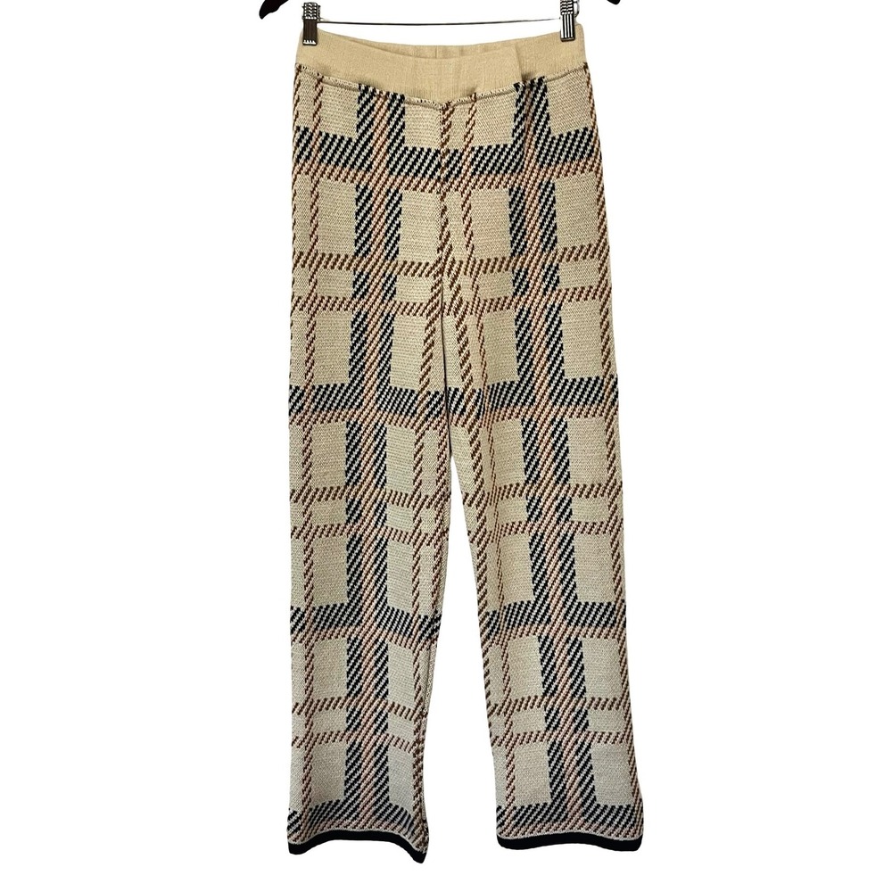 SMF Plaid Sweater Knit Pants Cream Rust Black Straight Leg Size S/M Academia
